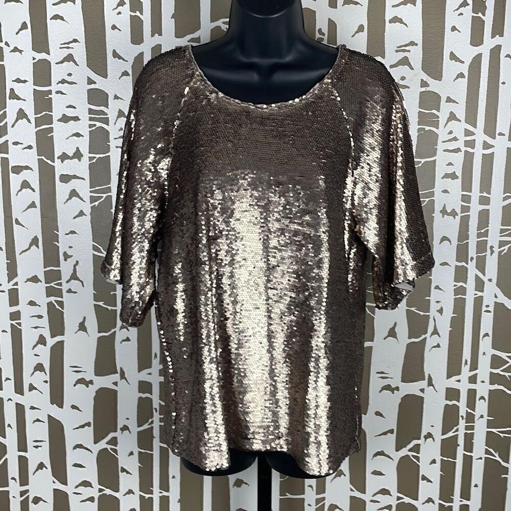 Skies Are Blue Gold Paillette Sequin Half Sleeve Top sz M - Picture 2 of 8